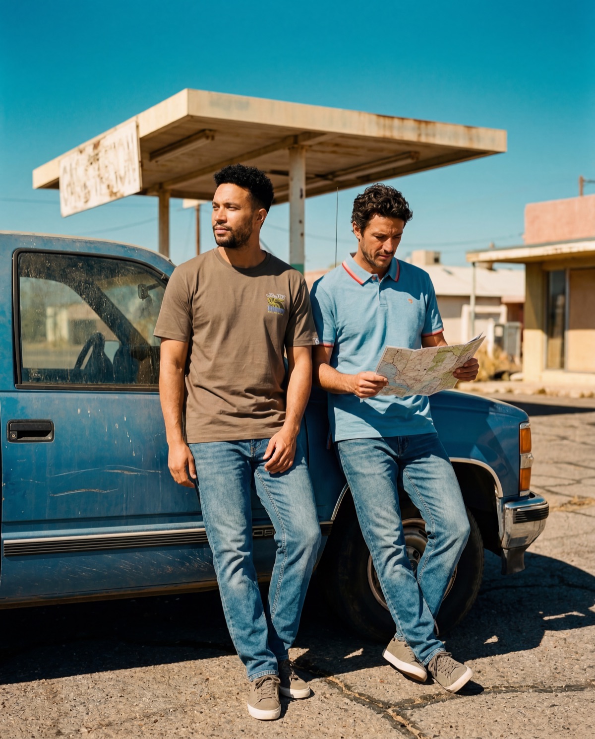 Two men at gas station — editorial duo shot