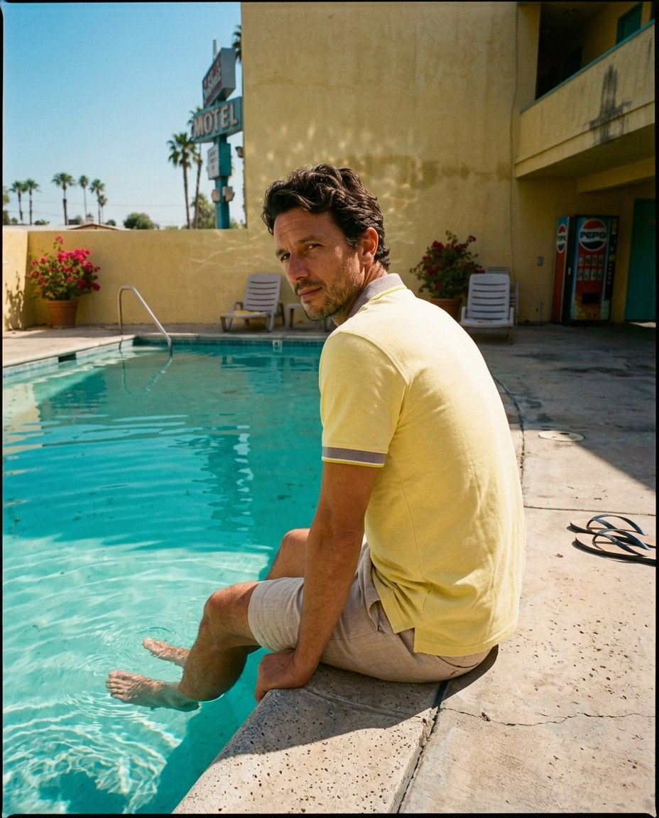 Man sitting at pool edge in polo — candid editorial