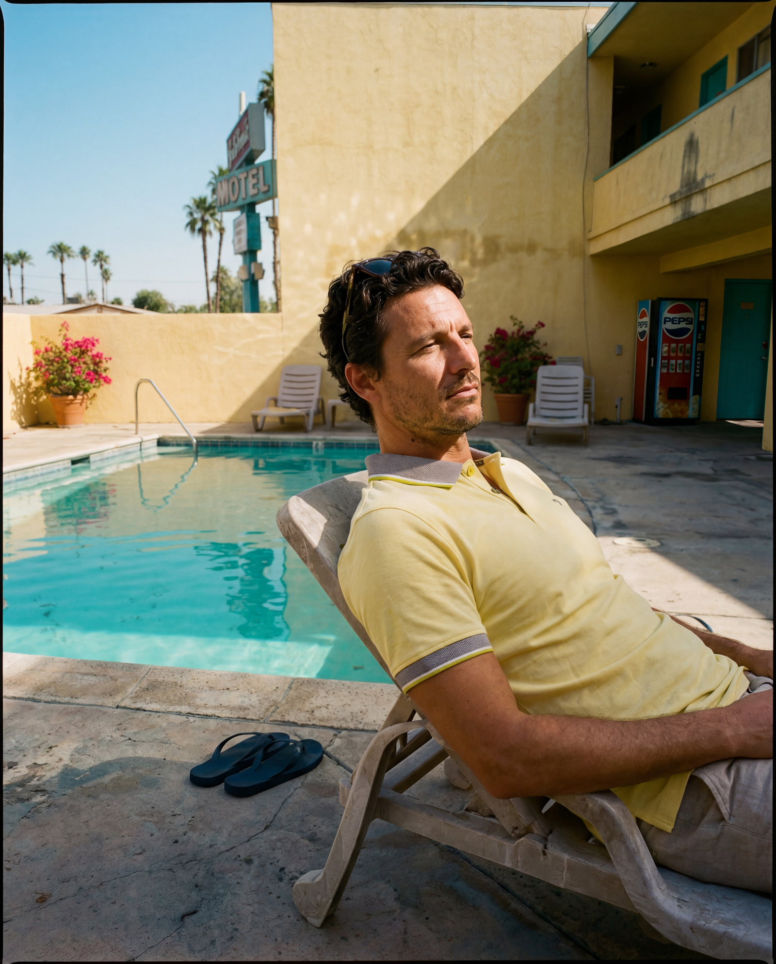 Man lounging poolside in yellow polo — lifestyle mood shot
