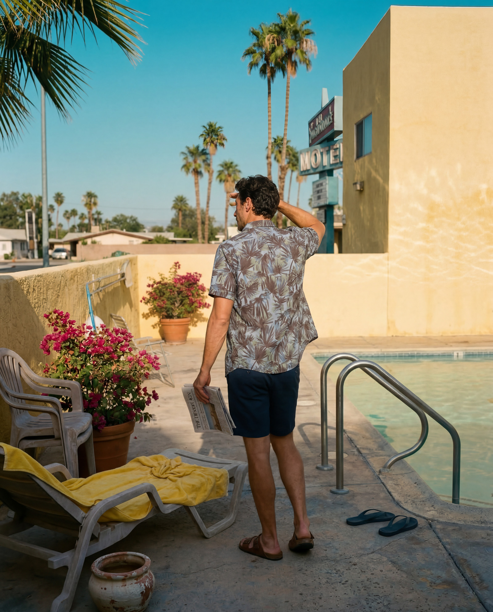Man by the pool in printed shirt — editorial mood shot