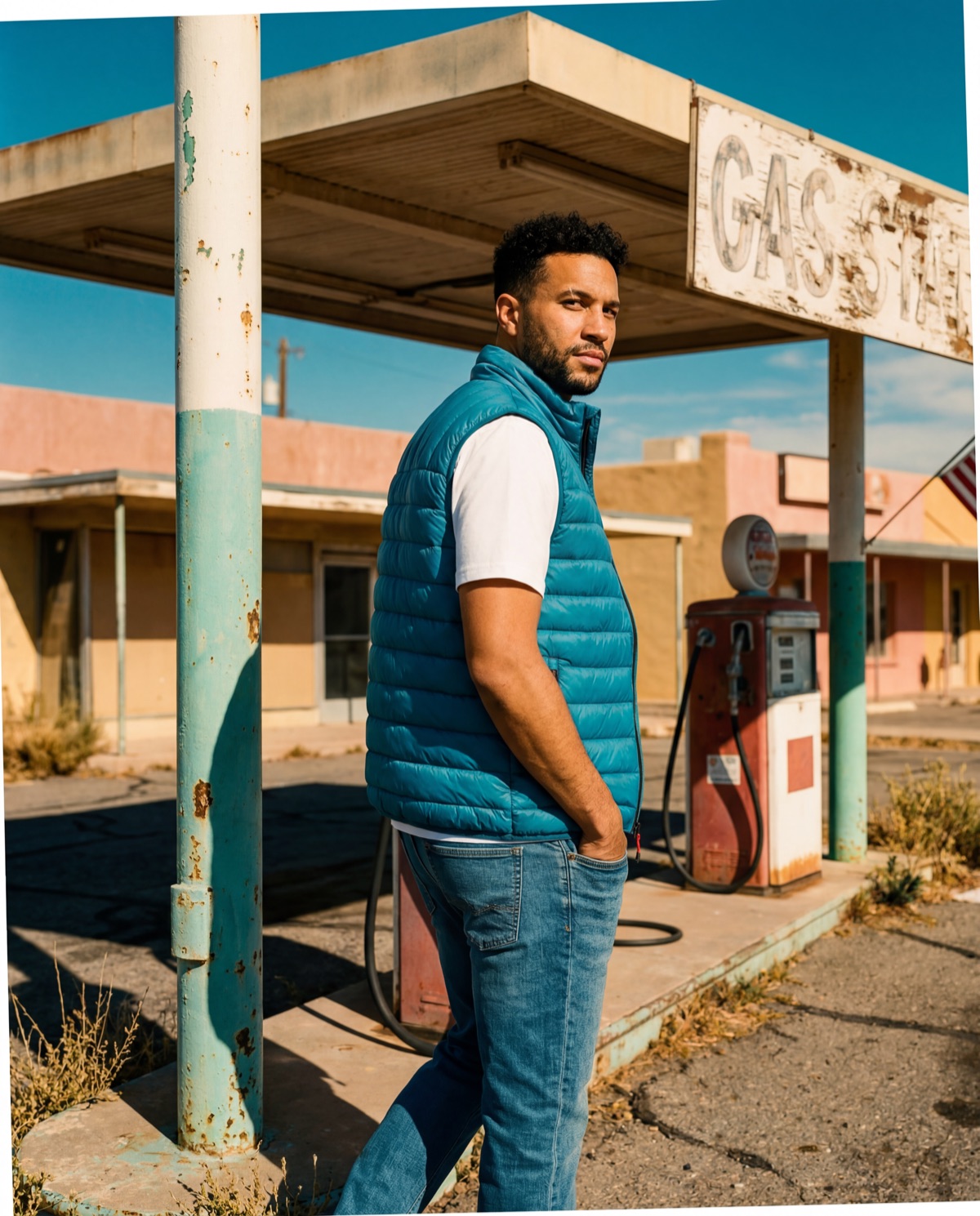 Man in puffer vest at gas station — editorial