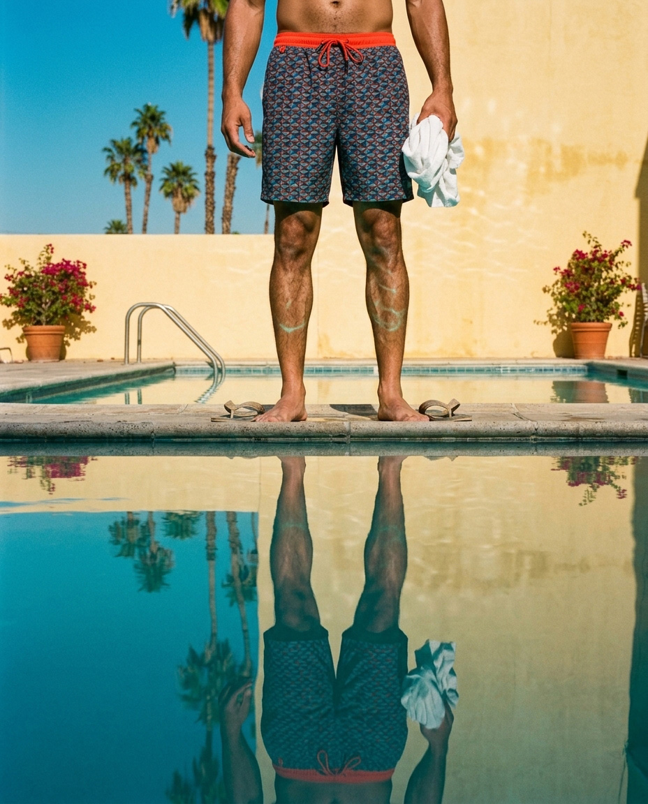 Swim shorts with pool reflection — detail editorial shot